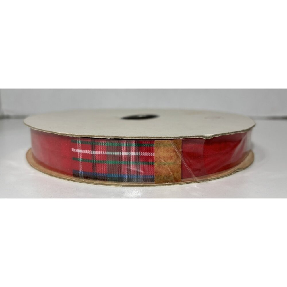 Vintage Velvet Ribbon Plaid Red Made In USA 25 Yards Water Resistant 7/8"